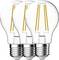 Drie heldere LED-lampen met zichtbare gloeidraden op een rij, ter illustratie van energiebesparende verlichtingsopties.