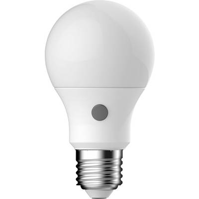 Een witte, LED-gloeilamp met een metalen schroefdraadvoet en een klein knopje aan de zijkant, ontworpen voor huisverlichting.