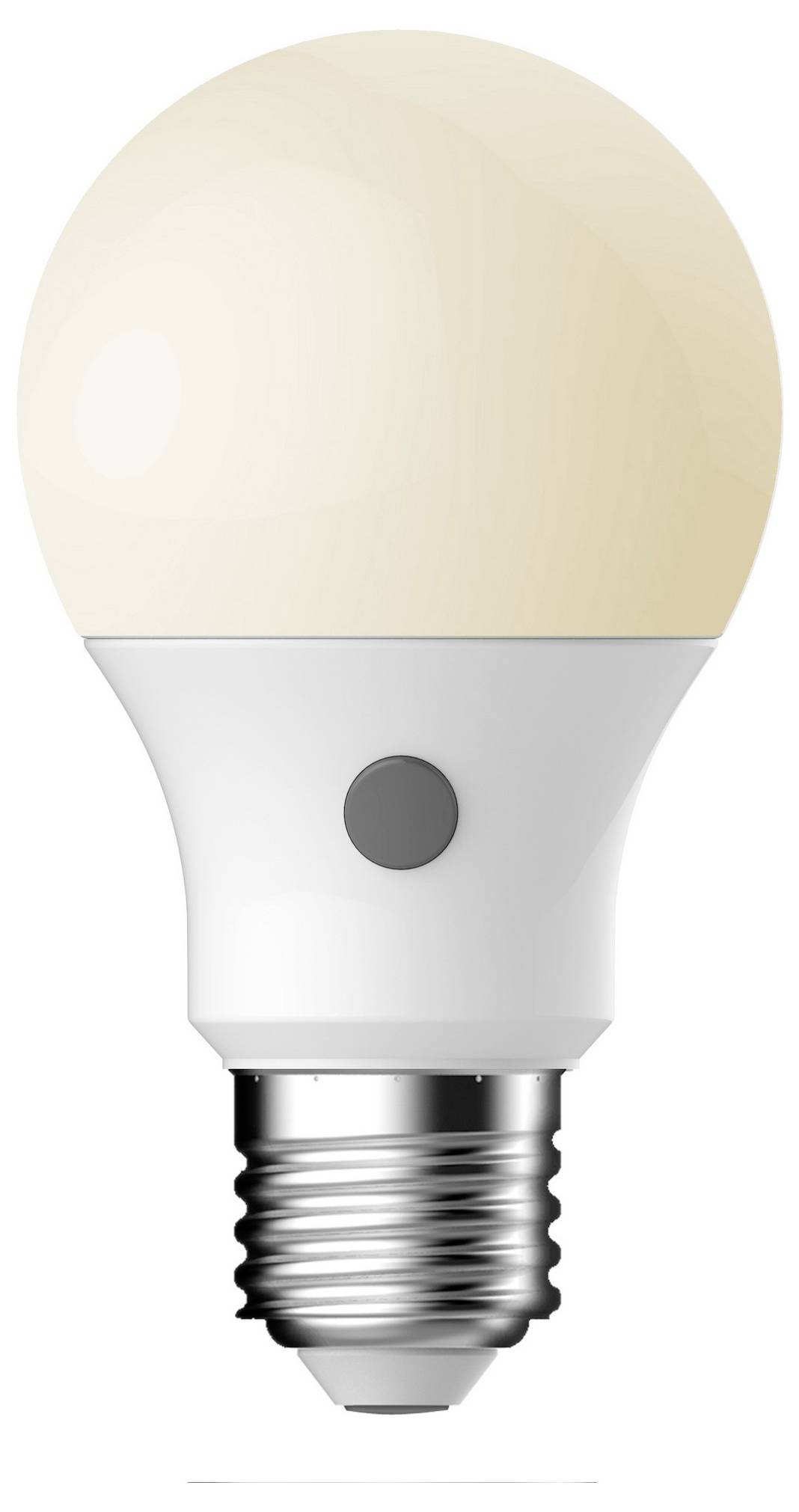 Een witte LED-gloeilamp met een zilveren voet en een ronde, gemat glazen bovenkant verlicht met een warm schijnsel.