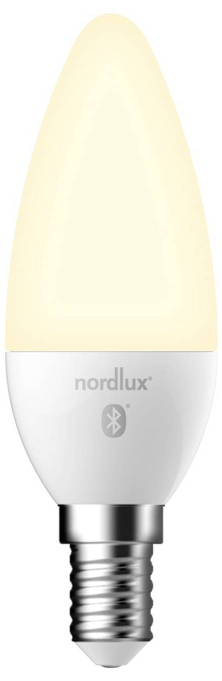 Kaarsvormige LED-gloeilamp met 'nordlux'-branding en Bluetooth-symbool op een witte voet.