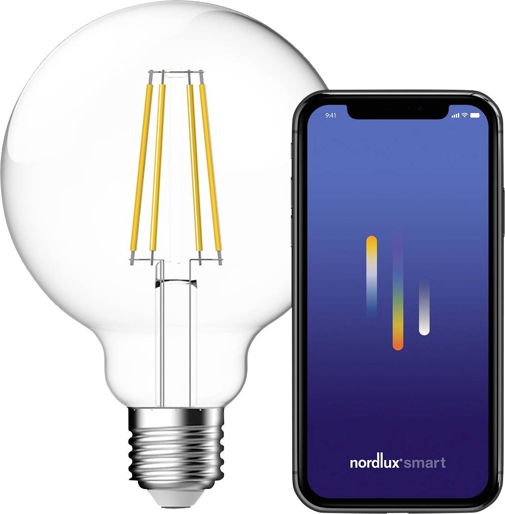 Een intelligente gloeilamp en een smartphone met de 'nordlux smart' app-interface, die connectiviteit voor huisverlichting besturing aangeeft.