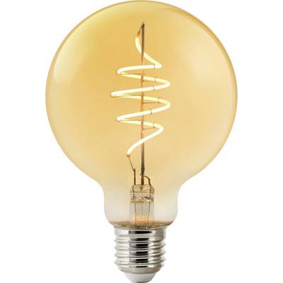 Een gloeiende vintage-stijl gloeilamp met een zichtbare spiraalvormige gloeidraad in een ronde glazen omhulsel.