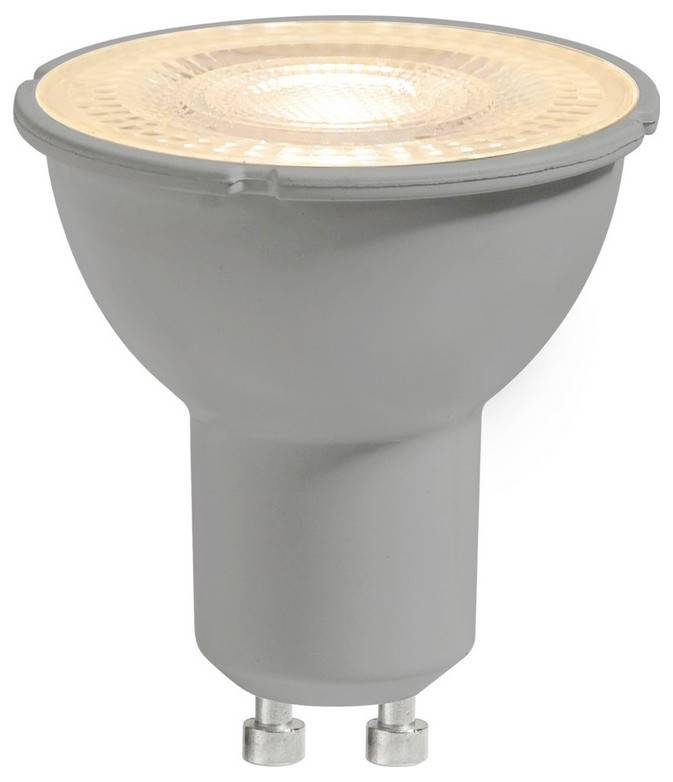 Een grijze LED-spotlamp met een warm licht en een GU10-fitting, geschikt voor binnenverlichting.