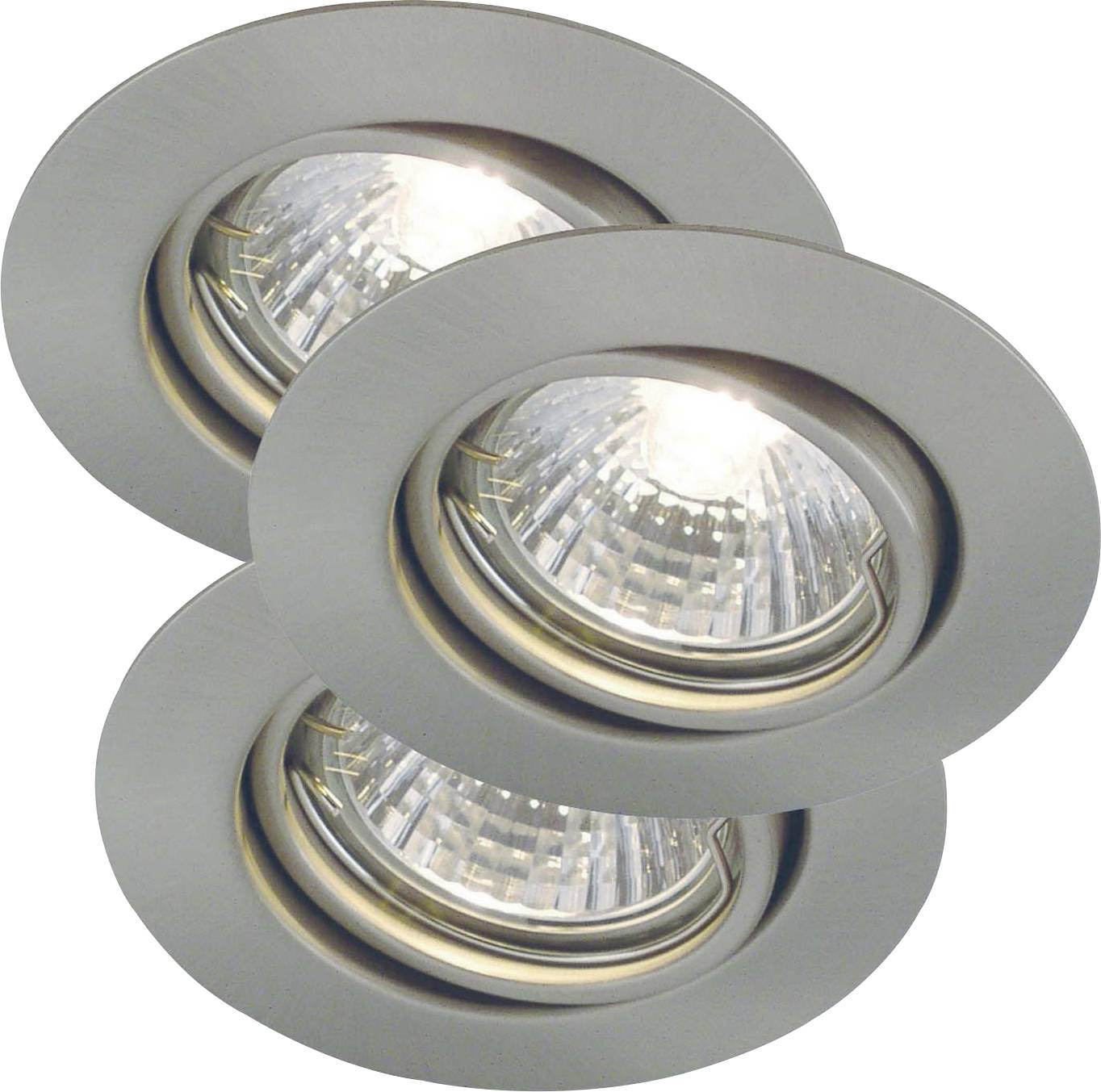 Twee metallieke inbouwplafondlampen met een modern design, voorzien van verstelbare lichtbundels die naar beneden schijnen.