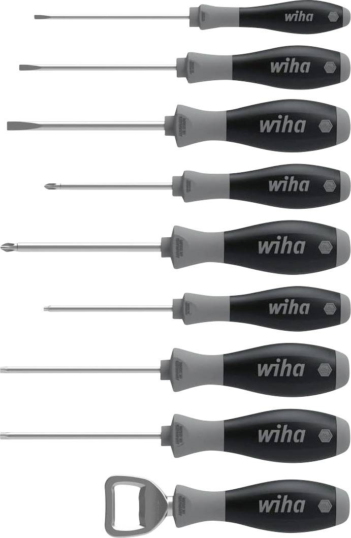 Een set van acht Wiha schroevendraaiers en een flesopener, elk met zwarte handgrepen met het Wiha-logo.