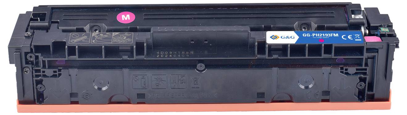 Magenta printertoner cartridge met label 'G&G PRINTER TM', met gerecyclede materialencertificering.