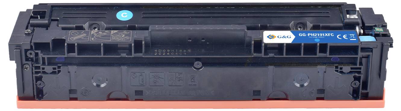 Een zwarte laserprinter-tonercartridge, gelabeld 'G&G', met een cyaan 'C'-sticker, ontworpen voor gebruik in specifieke printermodellen.