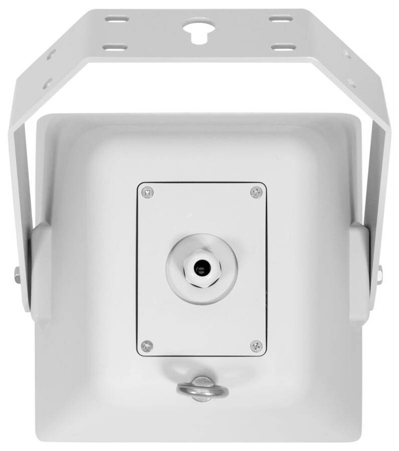 Een witte, vierkante LED-armatuur met een montageboekwerk, gezien van achteren, met een gecentreerde schroef en een haak voor installatie.