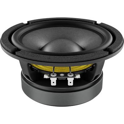 Een zwarte audioluidspreeker met een gele ophanging ring, ontworpen voor geluidsuit voer.