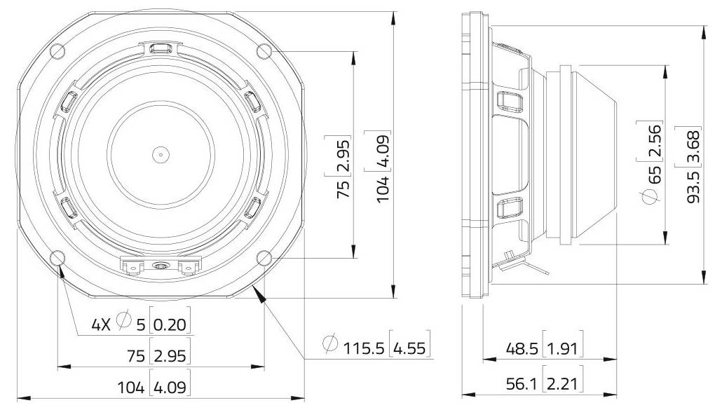 Technische tekening van een luidspreker met voor- en zijaanzicht met gedetailleerde afmetingen in millimeters.