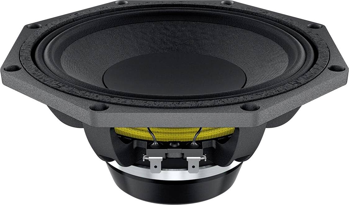 Een zwarte audioluidspreaker met een cirkelvormige conus en een zeshoekig buitenframe. De metallische aansluitklemmen van de luidspreaker zijn onderaan zichtbaar.