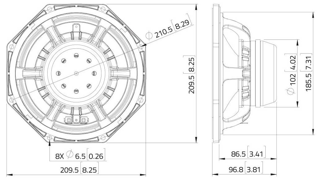 Technische tekening van een luidspreker met voor- en zijkanten, waarop afmetingen zijn aangegeven: diameter 210,5mm, diepte 185,5mm, bevestigingsgat patroon.