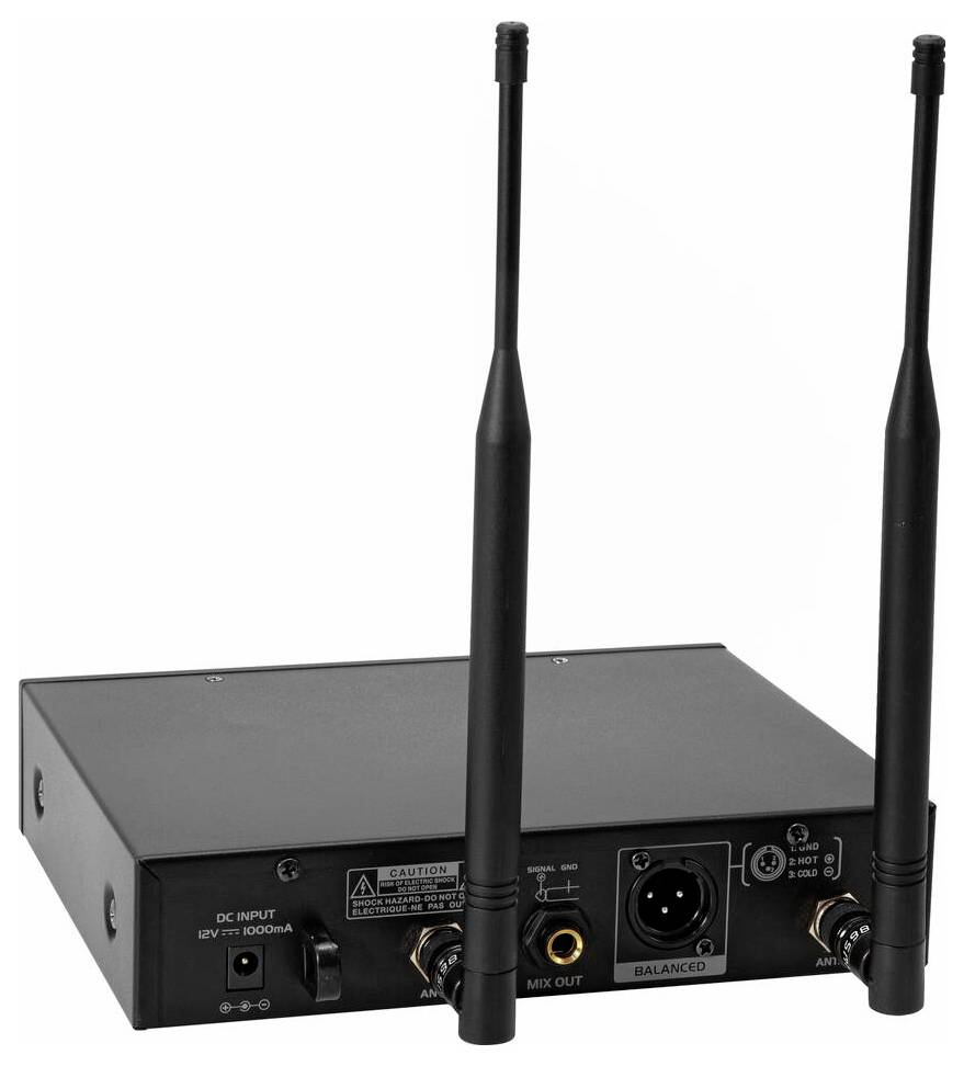 Achterkant van een draadloze audioontvanger met twee antennes, ingangs- en uitgangshefbomen, en gelabelde aansluitingspunten voor uitgebalanceerde mix-uitgang en gelijkstromingang.
