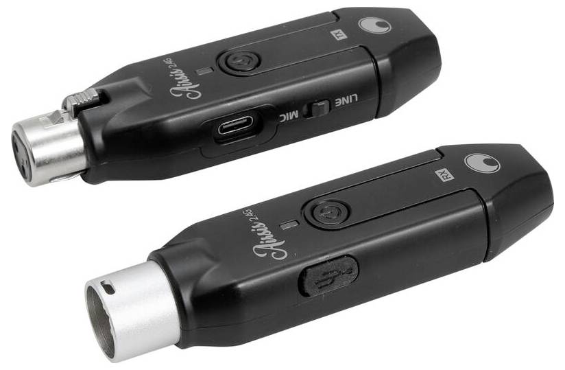 Twee draadloze audiotransmitters met XLR-aansluitingen, gelabeld 'Mic' en 'Line', ontworpen voor het verzenden van geluidssignalen.