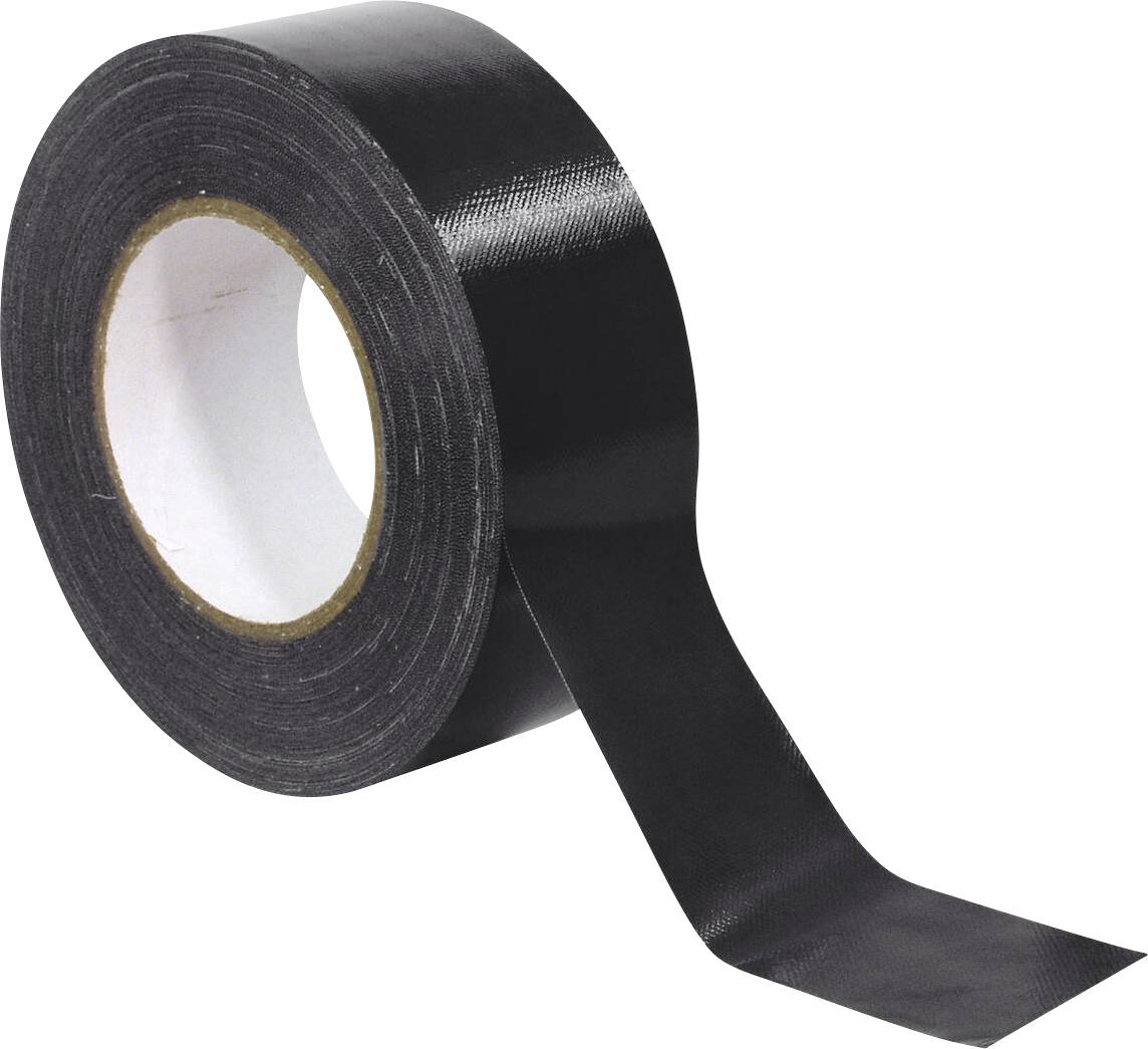 Een rol zwarte plakband met één uiteinde licht uitgerold, waarin de binnenste witte kern zichtbaar is.