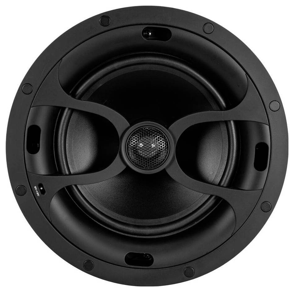Een ronde, zwarte plafondluidspreker met een centraal meshrooster en vier gebogen steunbalken, ontworpen voor hoogwaardige audio-uitvoer in woon- of kantooromgevingen.