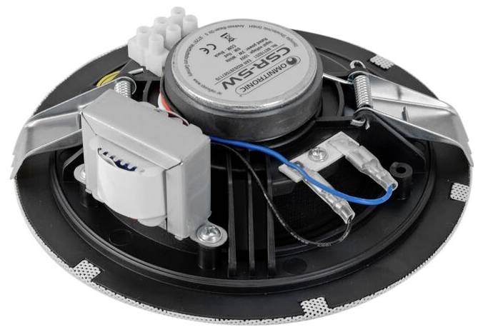 Plafondluidspreker met zichtbare bedrading en transformator, die het ronde metalen frame, veren en elektrische componenten toont.