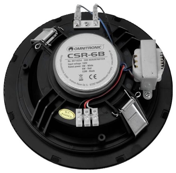 'OMNITRONIC CSR-6B' luidspreker, modelnummer en specificaties etiket op de achterkant van een cirkelvormig luidsprecercomponent. Zwart frame.