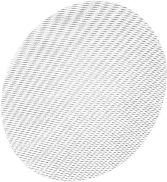 Een close-up van een rond wit meshfilter met een fijn rasterpatroon op een effen achtergrond.