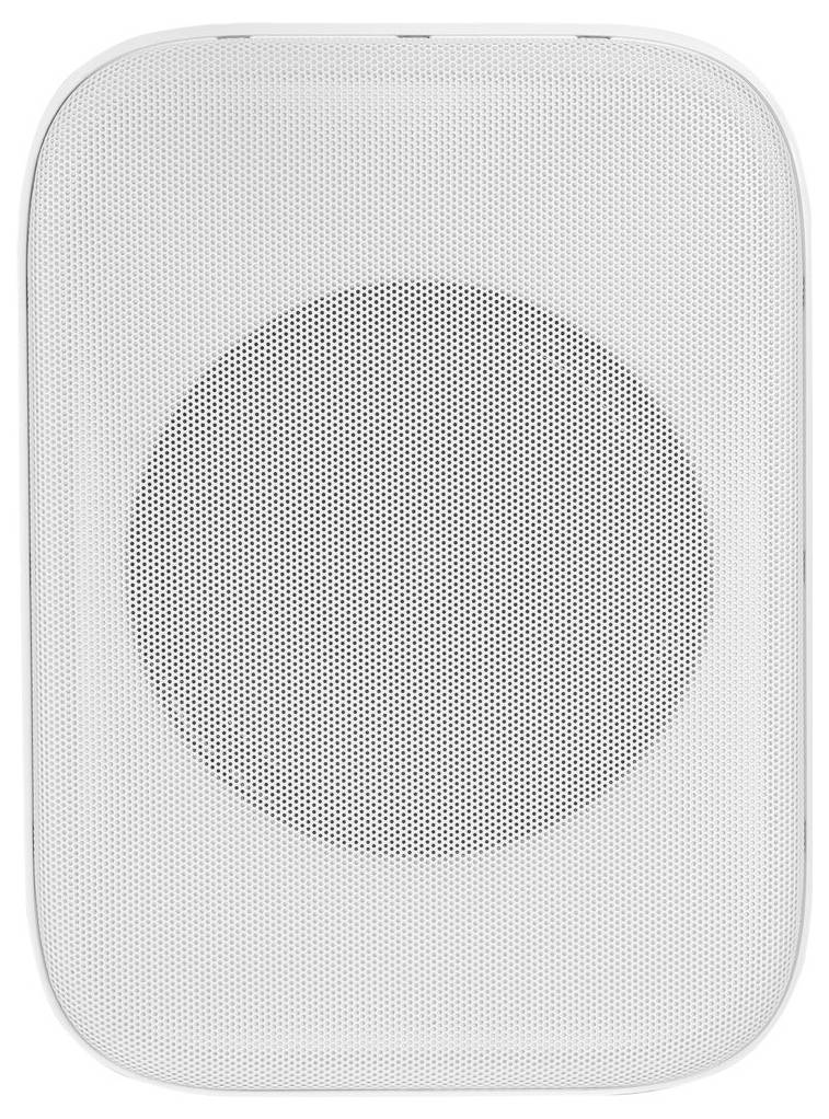 Een witte, rechthoekige slimme speaker met een meshvoorkant, met een minimalistisch ontwerp dat geschikt is voor binnengebruik thuis.