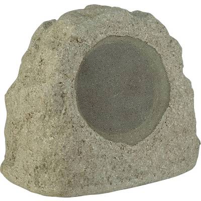 Een rots-vormige buitenspeaker met een gestructureerde, natuurlijke afwerking. De speakerroosters zijn zichtbaar en combineren esthetica met functionaliteit.