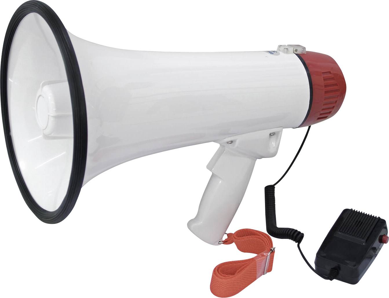 Een wit en rood megafoon met een zwarte luidspreker, een oranje riem en een bijgevoegd bedieningspaneel.