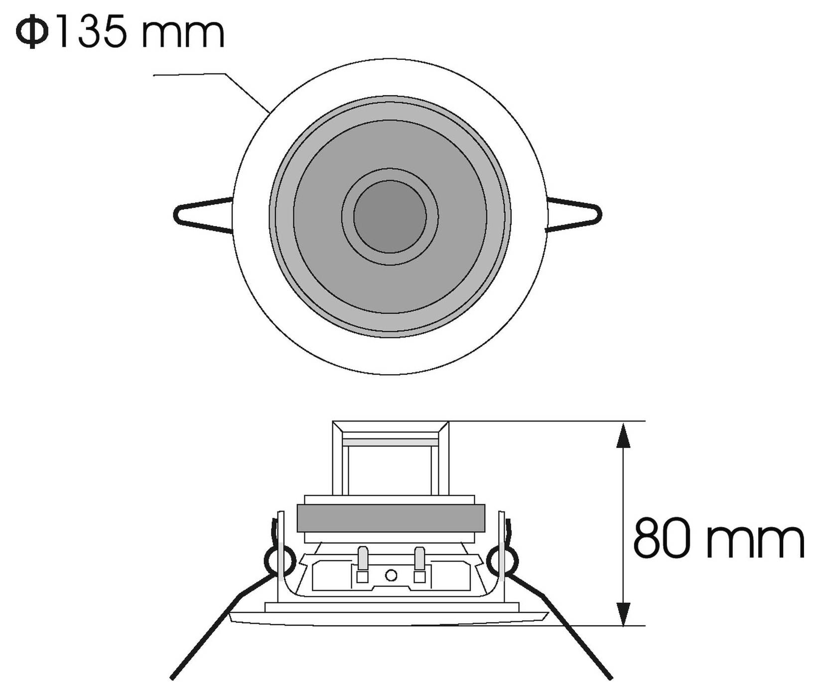 'Diagram met een ronde luidspreker met een diameter van 135 mm, weergegeven van boven en van opzij. De zijaanzicht geeft een hoogte van 80 mm aan.'