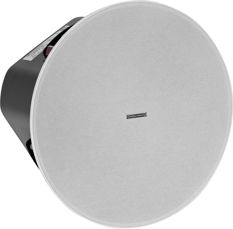 Plafondgemonteerde ronde luidspreker met een wit rooster en zwarte behuizing, ontworpen voor audio-installaties in het plafond.