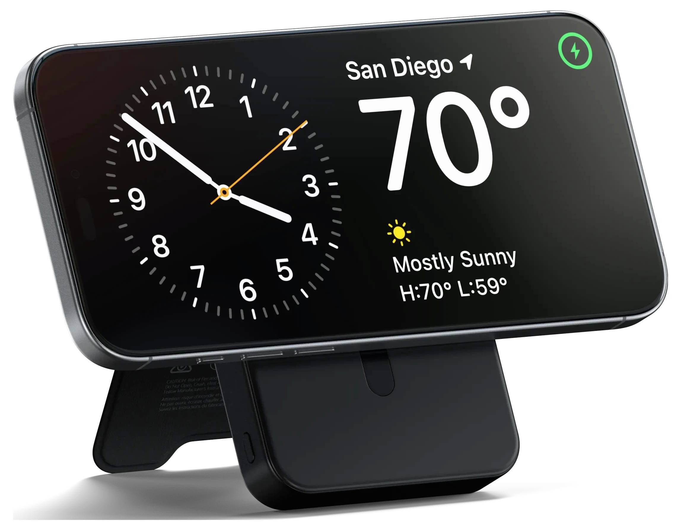 Smartphone met een klok en weerapp, met 'San Diego' en een temperatuur van 70°F en 'Overwegend zonnig'.