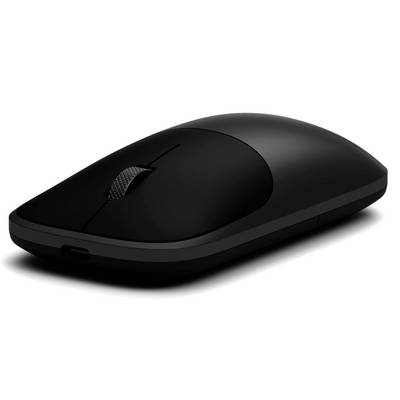 Een slanke, zwarte computermuis met een scrollwiel, weergegeven vanuit een zijhoek op een witte achtergrond.