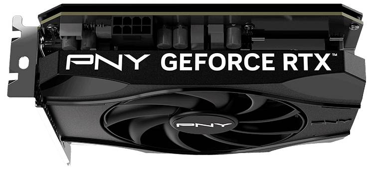 'PNY GeForce RTX' grafische kaart met koelventilator, stroomconnectoren en branding op zwarte behuizing, gezien van opzij.