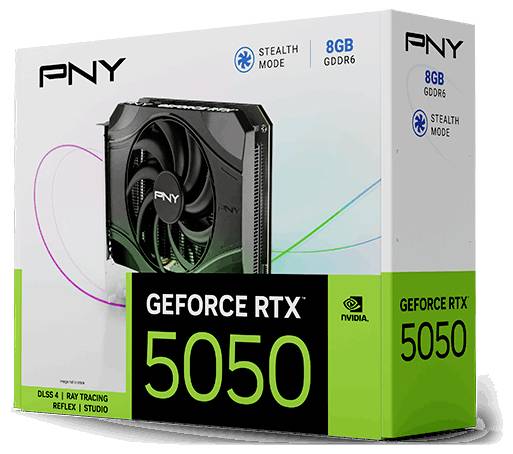 PNY GeForce RTX 5050 grafische kaart verpakking geeft '8GB GDDR6', 'Stealth Mode', en pictogrammen voor DLSS 4, ray tracing, reflex en studio weer.