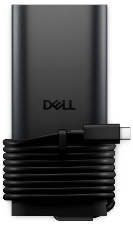Een zwarte Dell draagbare powerbank met een opgerold USB-C-kabel, ontworpen voor het onderweg opladen van elektronische apparaten.