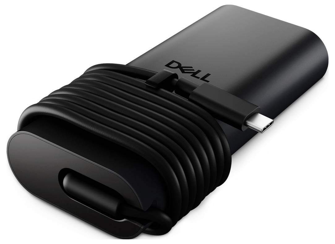 Een zwarte Dell powerbank met een opgerolde USB-C-kabel eraan bevestigd, ontworpen voor het opladen van apparaten onderweg.