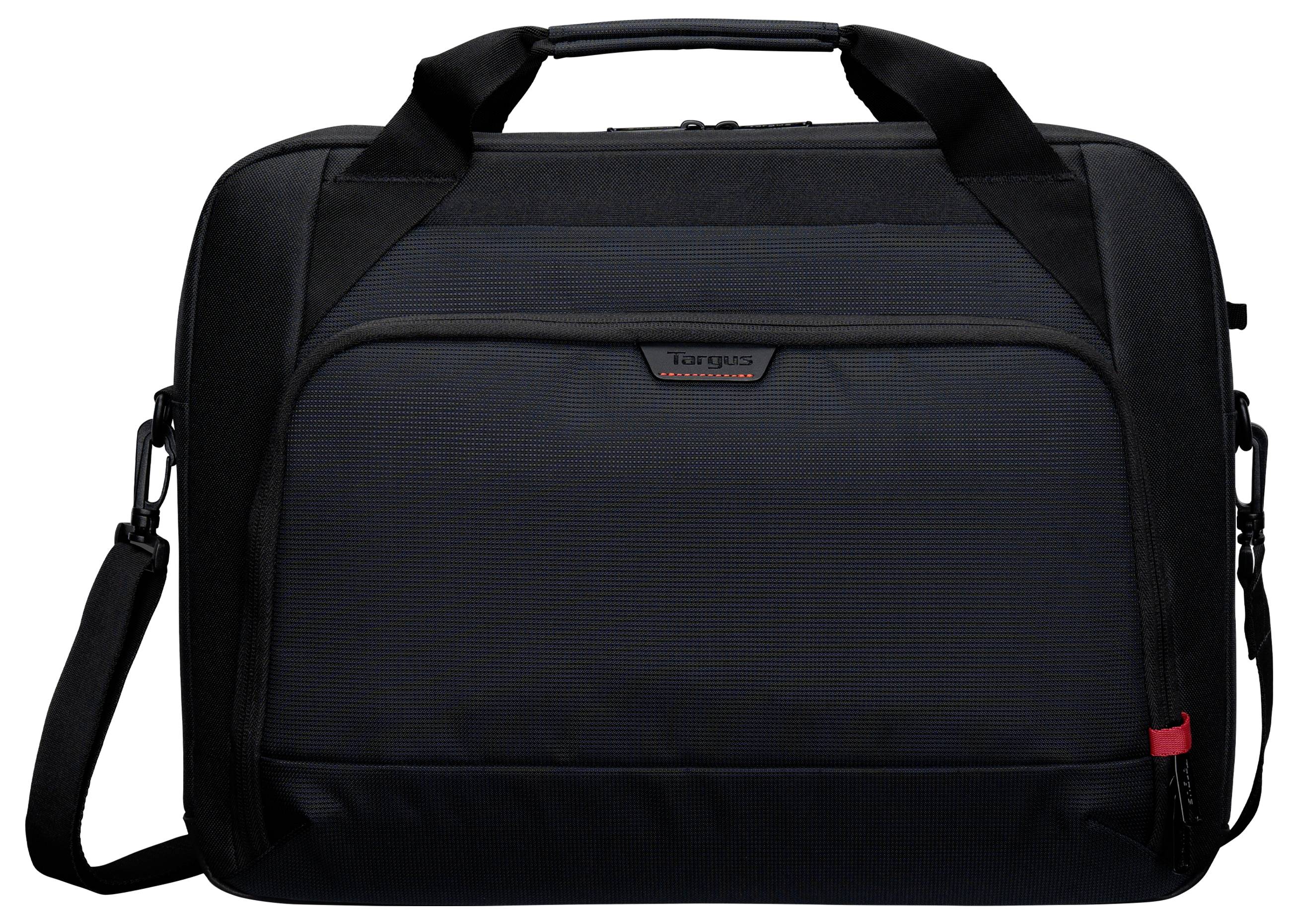 Zwarte Targus laptoptas met handvatten, schouderband en ritsvak aan de voorkant op een witte achtergrond