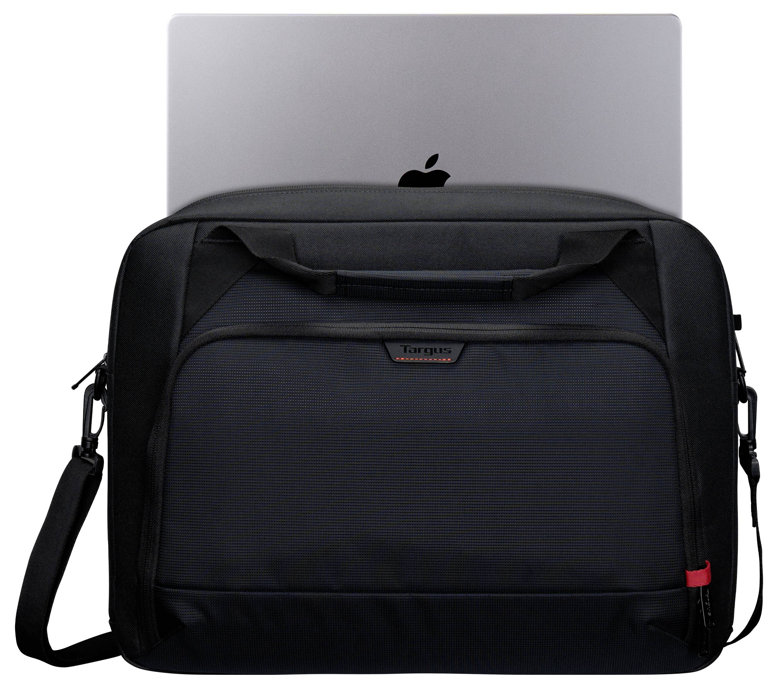 Zwarte laptop-schoudertas met een zilverkleurige MacBook, weergegeven in vooraanzicht met riem en ritsvak.