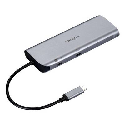 Een elegante Targus USB-C hub met meerdere poorten en een kabel, ontworpen voor het verbinden van verschillende apparaten met een computer voor uitgebreide functionaliteit.