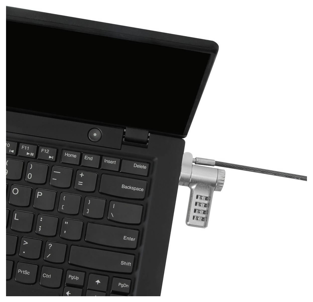 Laptop beveiligd met een kabelslot ingebracht aan de zijkant van het toetsenbordgebied, waarbij het slot naar rechts uitsteekt.
