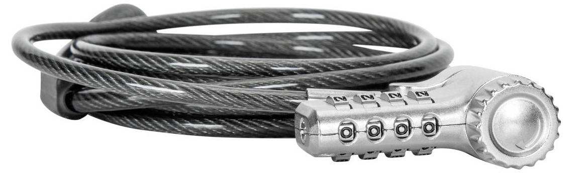 'Een opgerold fietslot met een 4-cijferige combinatieschijf, gemaakt van zwarte kabel en zilveren metalen onderdelen.'