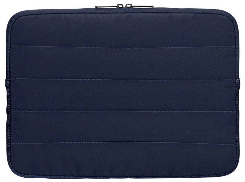 Een marineblauw laptophoes met een gestikt horizontaal lijnenpatroon, ontworpen om laptops te beschermen tegen krassen en lichte stoten.