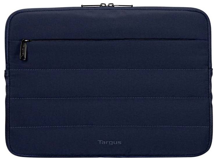 Marineblauw Targus laptophoes met een ritsvak aan de voorkant, ontworpen voor beschermende opslag en gemakkelijk vervoer.