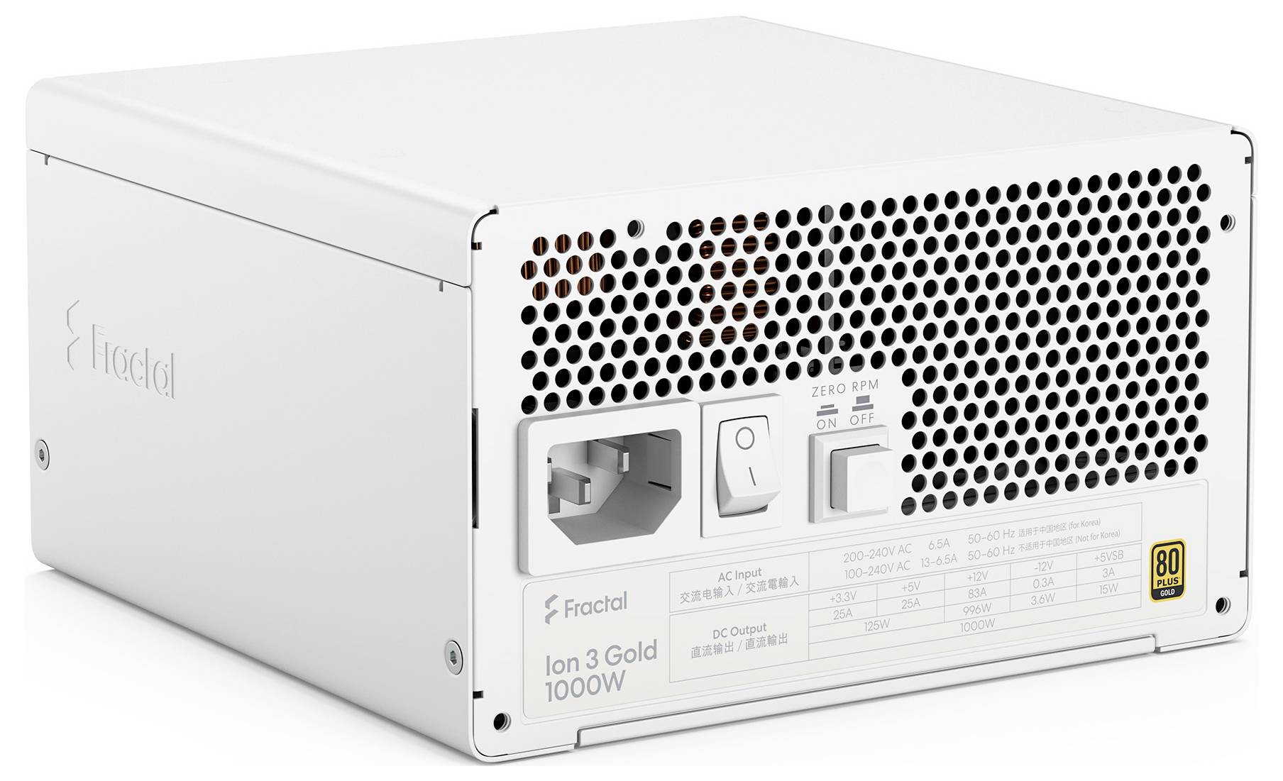 Wit Fractal Ion 3 Gold 1000W voedingseenheid met ventilator, stroomtoevoer en specificatielabel prominent weergegeven.