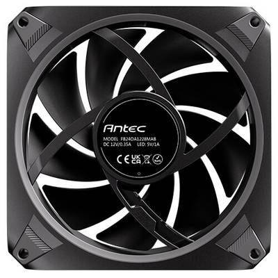 'Een zwarte Antec computerkoelingventilator met gebogen bladen en technische specificaties aangegeven op de centrale navel.'