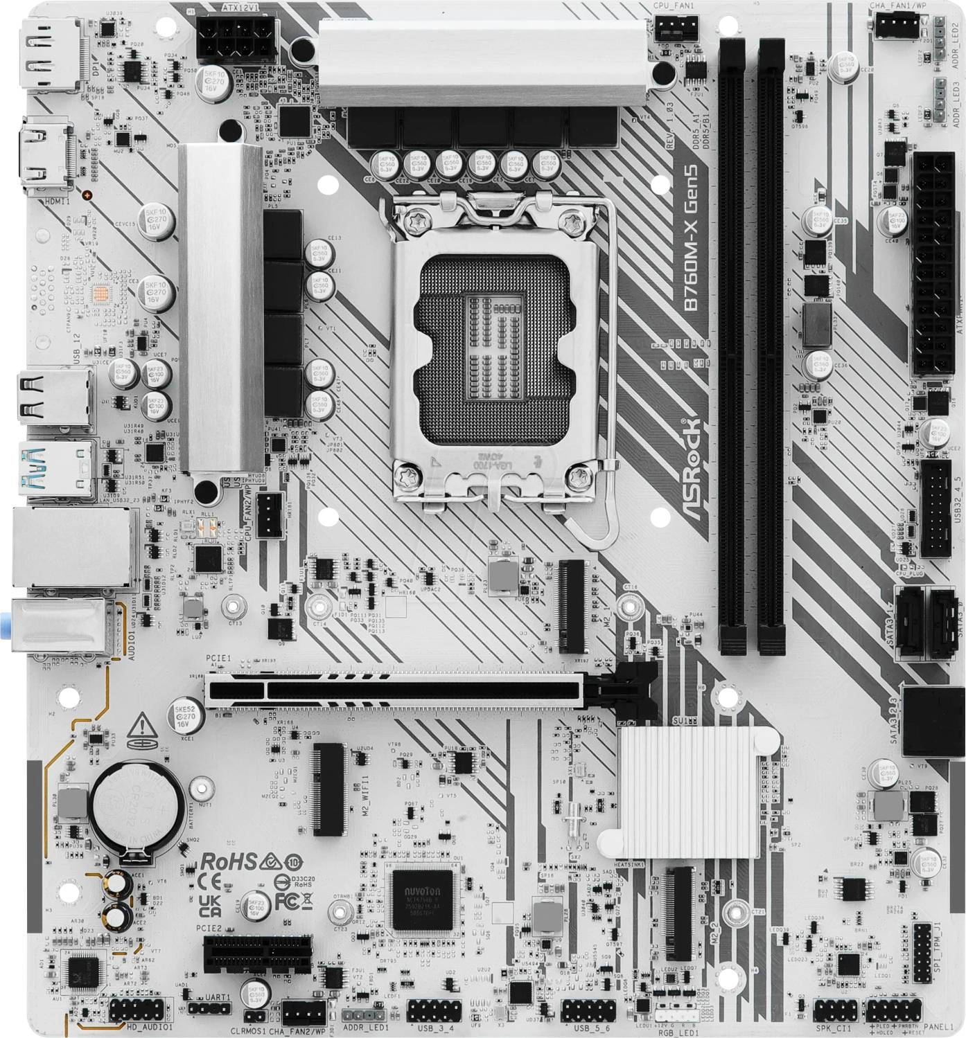 Moederbord met ASRock-branding met meerdere sleuven voor RAM, PCI-uitbreidingen en een centraal CPU-socket, geplaatst op een lichtgekleurd circuitpatroonachtergrond.