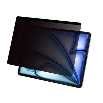 Een tablet met een privacyscherm dat gedeeltelijk het scherm bedekt, met een geometrisch blauw en zwart ontwerp.