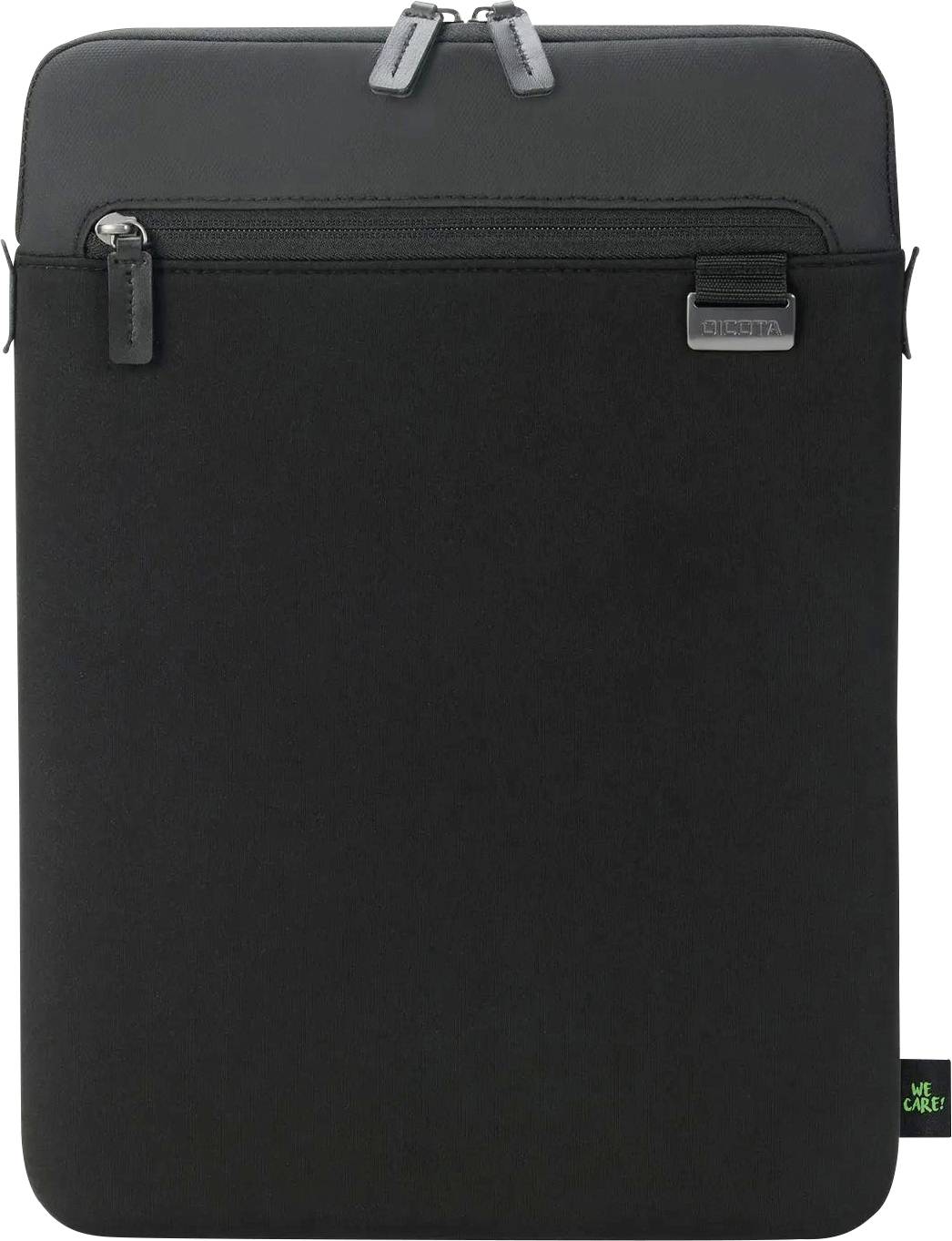 Een zwarte laptophoes met ritssluiting en geribbeld materiaal, met een klein 'WE CARE'-label in de onderhoek.