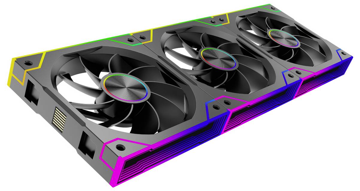 Een grafische kaart met drie ventilatoren en gekleurde accenten aan de randen, ontworpen voor verbeterde koeling en prestaties in high-end computers.
