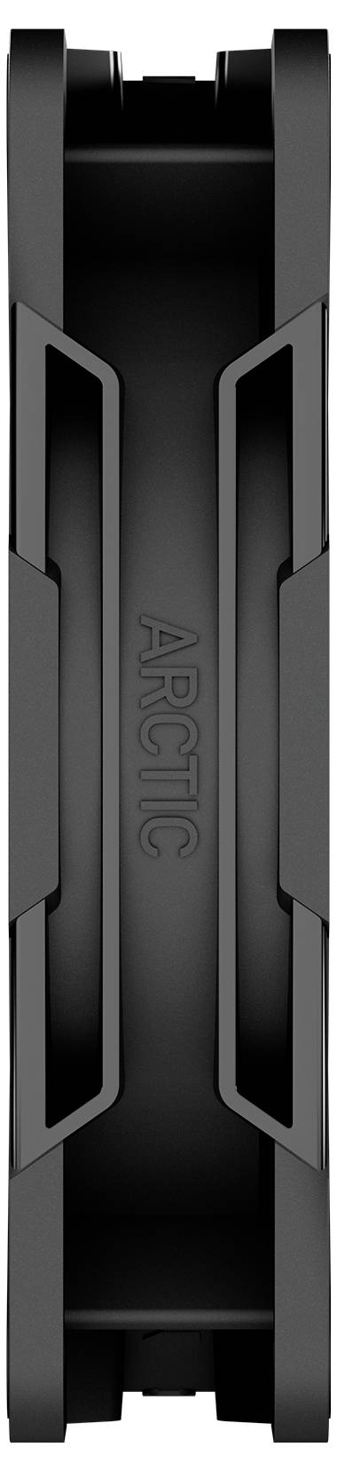 Een zwarte koelventilatoren met het label 'ARCTIC,' van opzij bekeken, met een strak en modern ontwerp met zichtbare bladen.