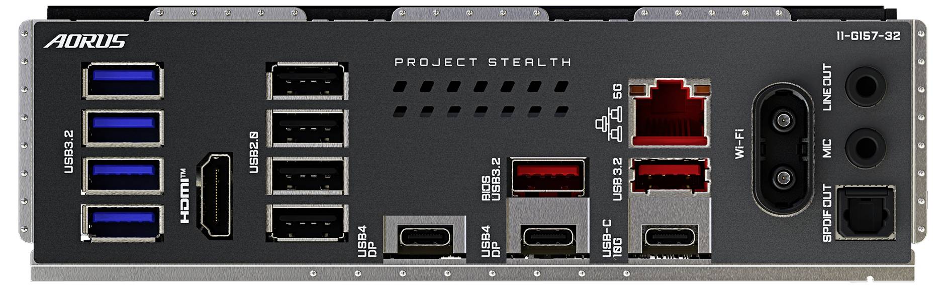 'Achterpaneel van computermoederbord met I/O-aansluiting. Omvat meerdere USB-poorten, HDMI-poort, Ethernet, audioklinken, USB-C en voedingsopties.'