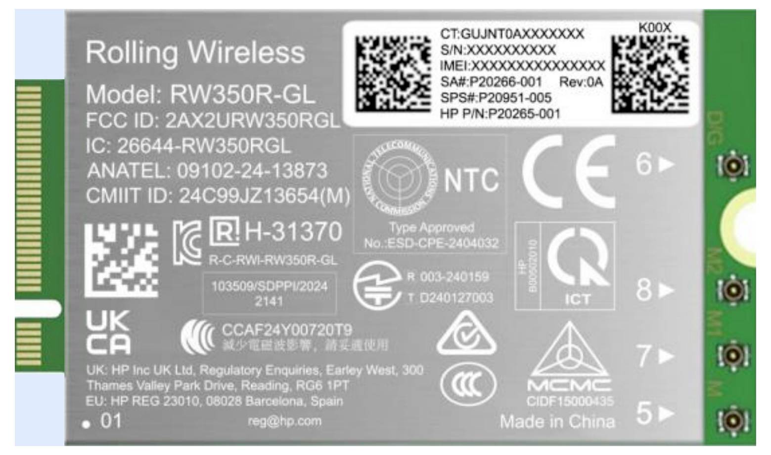 Label voor Rolling Wireless-model RW350R-GL-apparaat, met FCC-, IC-, UKCA-, CE- en andere certificeringsmerken en QR-codes.